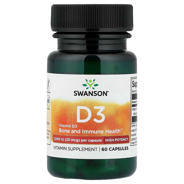 Swanson Vitamins, Vitamin D3, High Potency, 25 mcg (1,000 IU), 60 Capsules — product photo 1