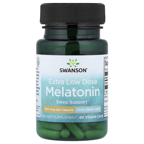 Swanson Melatonin, Extra Low Dose, 500 mcg, 60 Vegan Caps