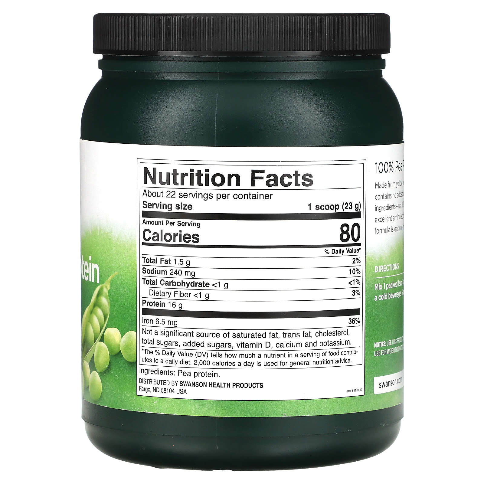 Swanson, 100 Pea Protein Powder, Unflavored, 1.1 lb (503 g)