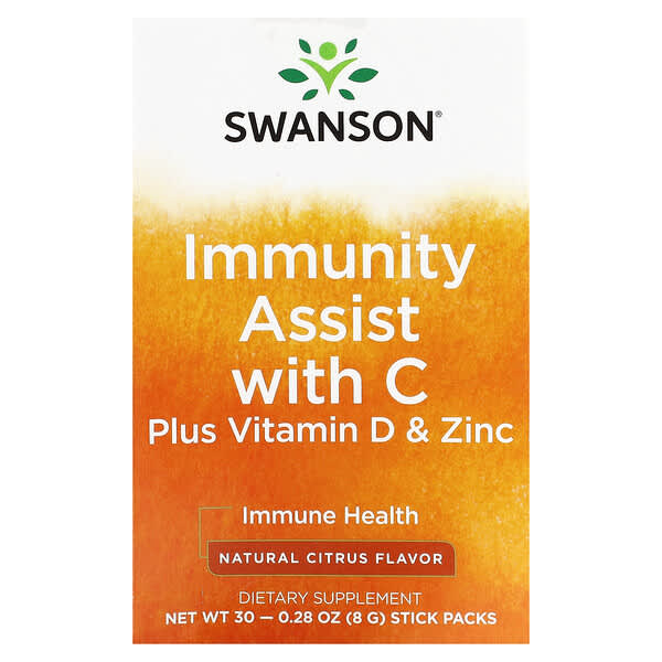 Swanson, Immunity Assist with C 維生素 D 和鋅，天然柑橘味，30 條裝，每條 0.28 盎司（8 克）