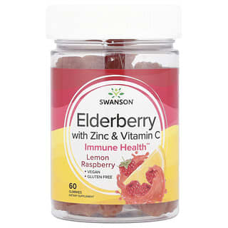 Swanson, Elderberry With Zinc & Vitamin C Gummies, Lemon Raspberry, 60 Gummies