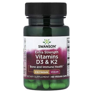Swanson, Vitaminas D3 y K2, Concentración extra, 60 cápsulas vegetales
