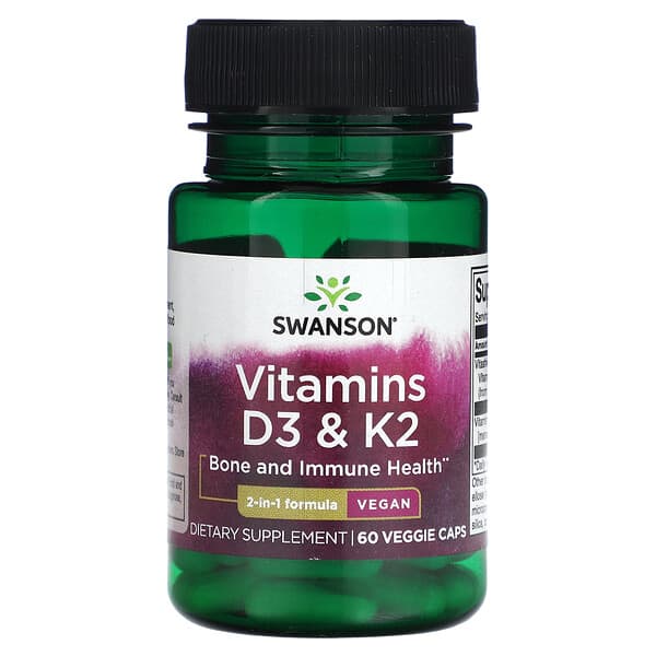 Swanson, 維生素 D3 和 K2，60 粒素食膠囊