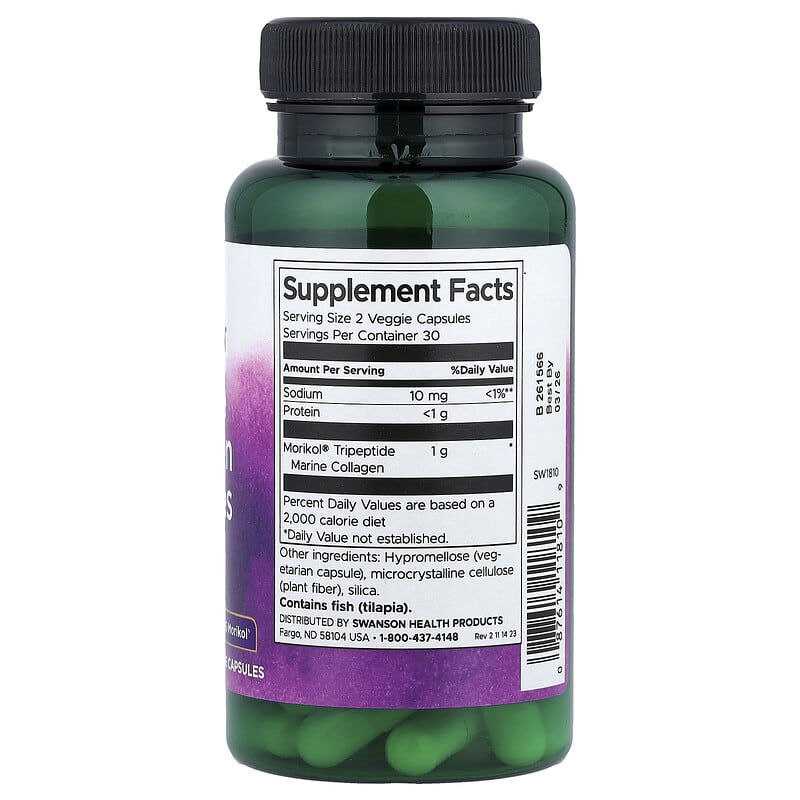 Péptidos de colágeno marino tipo 1, 500 mg, 60 cápsulas vegetales
