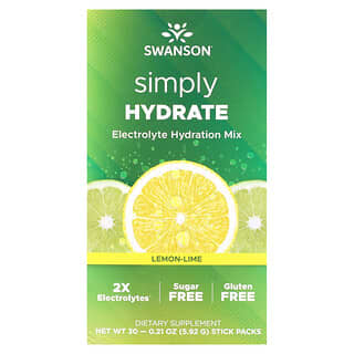 Swanson, Simply Hydrate, Mistura de Hidratação de Eletrólitos, Limão e Limão, 30 Pacotes de Bastões, 5,92 g (0,21 oz) Cada