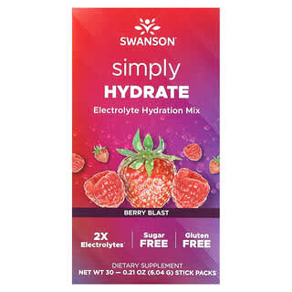 Swanson, Simply Hydrate, Electrolyte Hydration Mix, Berry Blast, 30 Stick Packs, 0.21 oz (6.04 g) Each