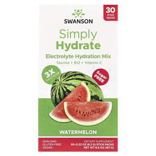 Swanson, Simply Hydrate, Mezcla de hidratación con electrolitos, Sin azúcar, Sandía, 30 sobrecitos, 6,2 g (0,22 oz) cada uno