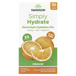 Swanson, Simply Hydrate, Mistura de Eletrólitos para Hidratação, Sem Açúcar, Laranja, 30 Embalagens, 5,84 g (0,21 oz) Cada