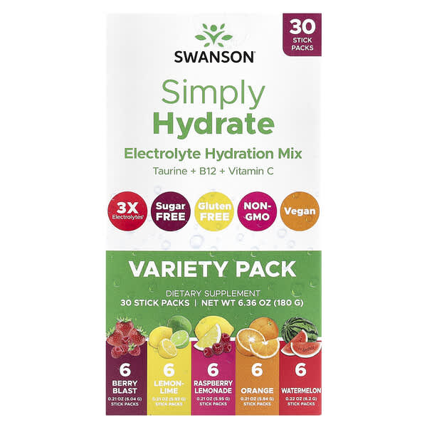 Swanson Simply Hydrate, Electrolyte Hydration Mix, Variety Pack, 30 Sticks Packs, 6.36 oz (180 g)