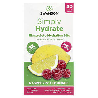 Swanson, Simply Hydrate, Electrolyte Hydration Mix, Elektrolyt-Hydratisierungsmix, zuckerfrei, Himbeerlimonade, 30 Sticks, je 5,95 g (0,21 oz.).