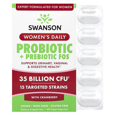 Swanson, Women's Daily Probiotic + Prebiotic FOS with Cranberry, 35 Billion CFU, 60 Vegan Capsules