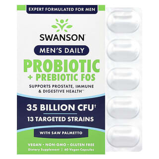 Swanson, Men's Daily, Probiotic + Prebiotics FOS With Saw Palmetto, 35 Billion CFU, 60 Vegan Capsules