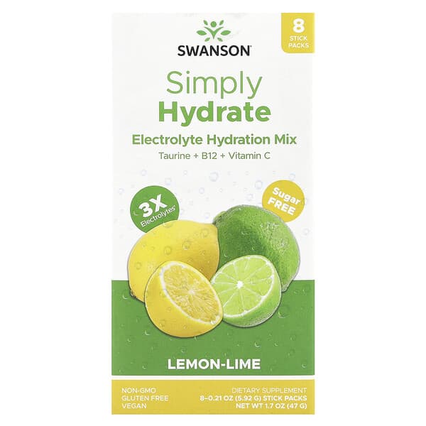 Simply Hydrate, Electrolyte Hydration Mix, Lemon-Lime, 8 Stick Packs, 0.21 oz (5.92 g) Each