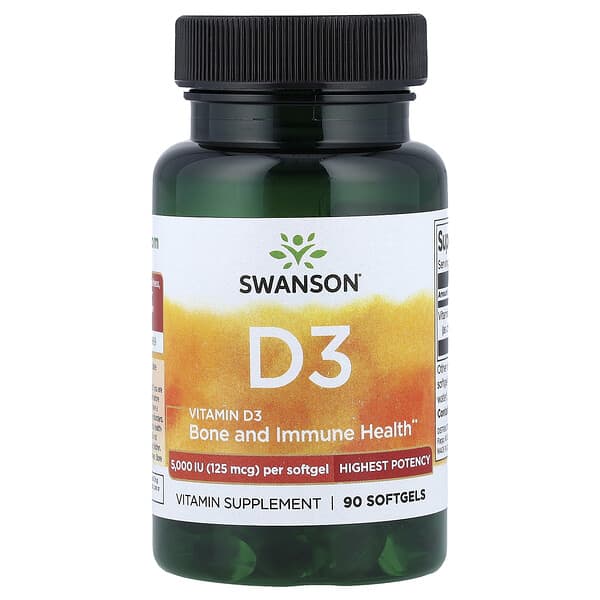 Swanson Vitamins, Vitamin D3, Highest Potency, 125 mcg (5,000 IU), 90 Softgels — product photo 1