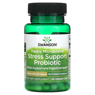 Swanson, Happy Microbiome Stress Support, пробиотик, 3 млрд КОЕ, 30 растительных капсул
