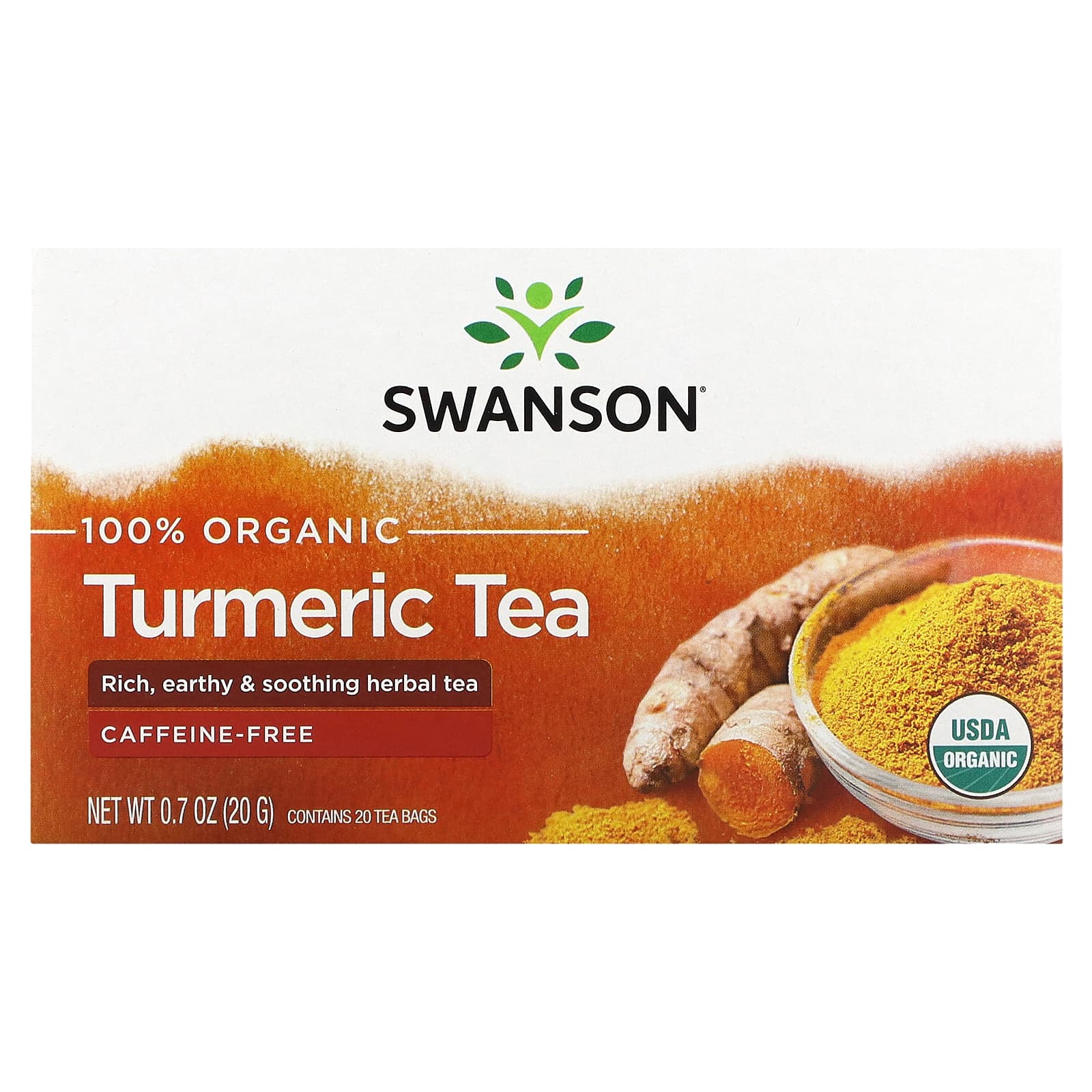Swanson, 100 Organic Turmeric Tea, CaffeineFree, 20 Tea Bags, 0.7 oz