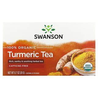Swanson, Chá de Cúrcuma 100% Orgânico, Sem Cafeína, 20 Saquinhos de Chá, 20 g (0,7 oz)