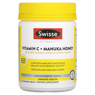 Swisse, Ultiboost, Vitamin C + Manuka Honey, Natural Honey & Lemon, 120 Chewable Tablets
