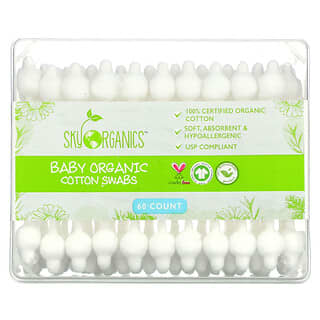Sky Organics, Écouvillons en coton biologique pour bébés, 60 unités