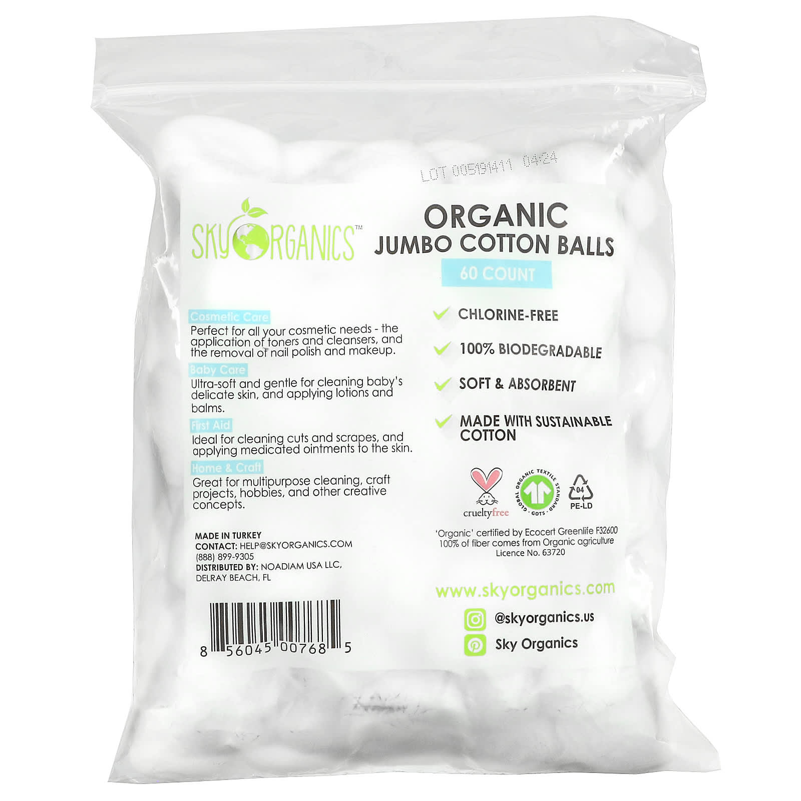 Sky Organics, Organic Jumbo Cotton Balls, 60 Count