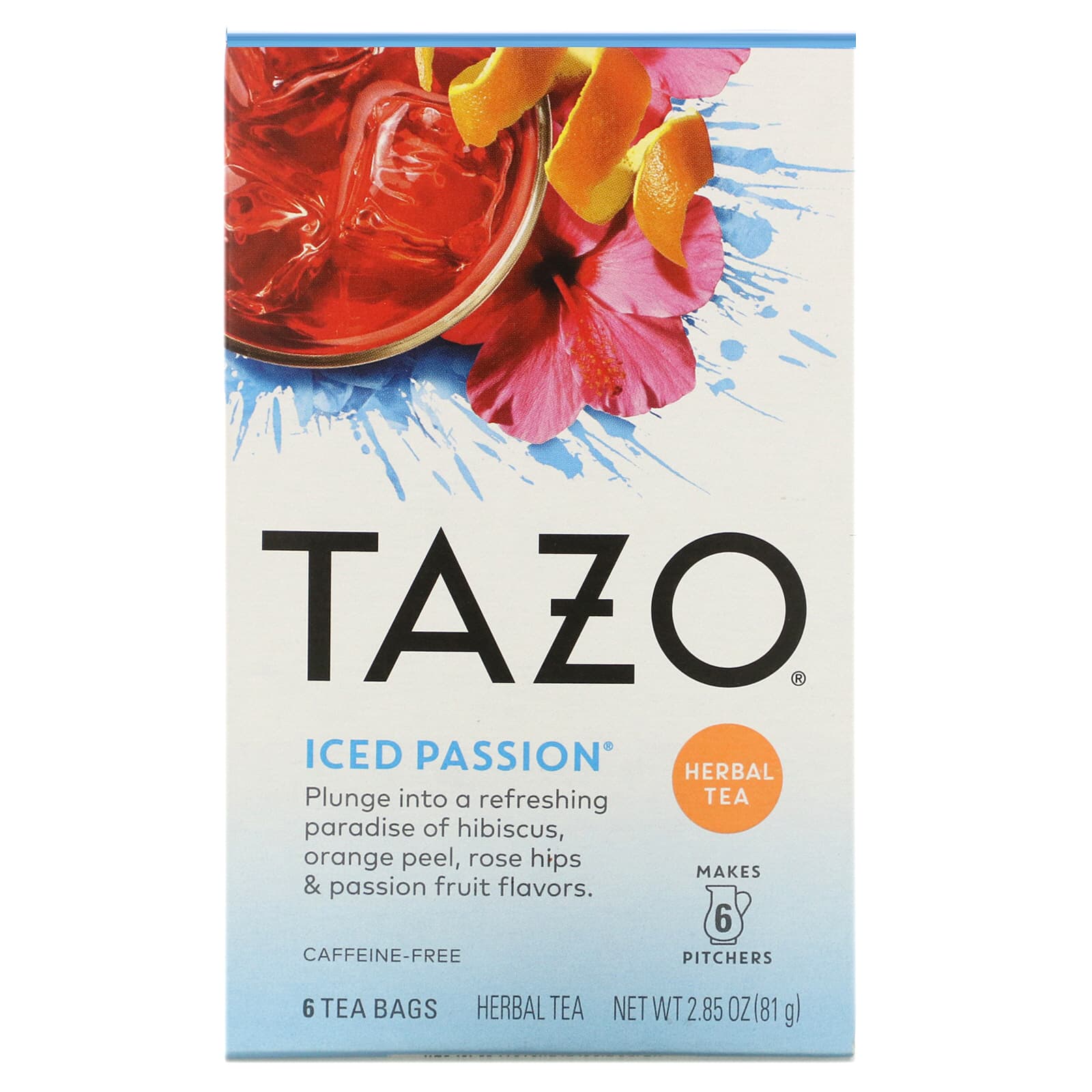 Tazo Teas, Herbal Tea, Iced Passion, CaffeineFree, 6 Tea Bags, 2.85 oz