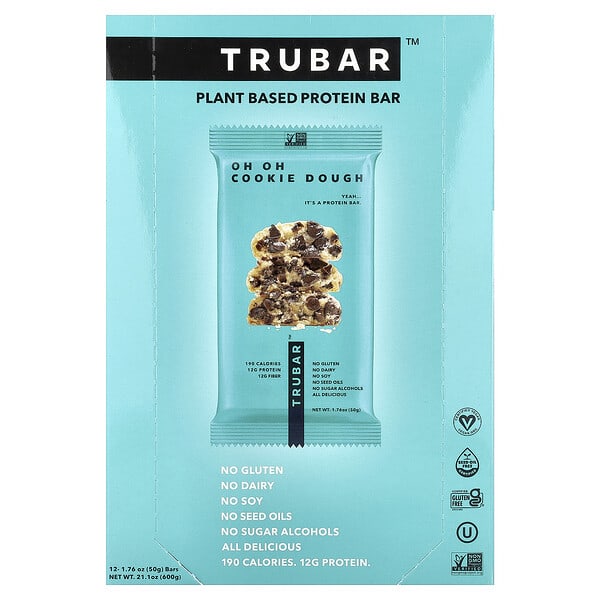 Trubar Plant Based Protein Bar, Oh Oh Cookie Dough, 12 Bars, 1.76 oz (50 g) Each