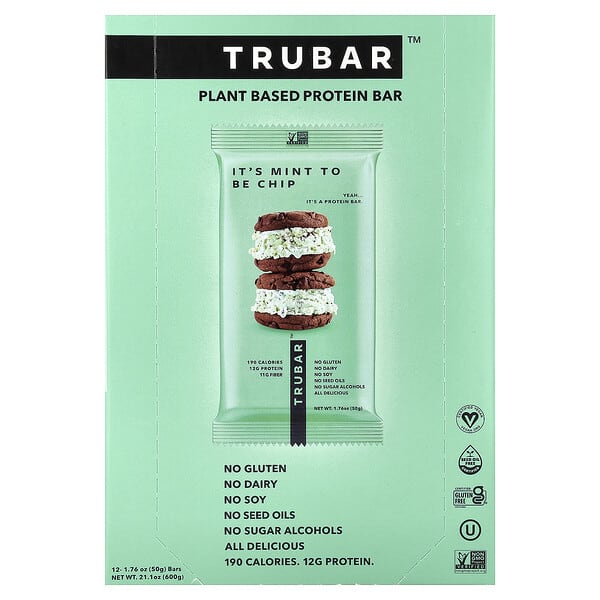 Trubar, Plant Based Protein Bar, It's Mint To Be Chip, 12 Bars, 1.76 oz (50 g) Each