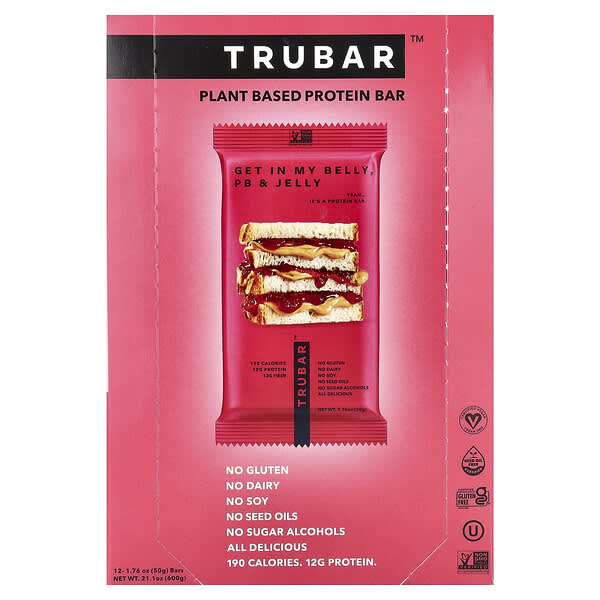 Trubar, 植物基蛋白質棒，Get In My Belly，PB&Jelly，12 根，每根 1.76 盎司（50 克）