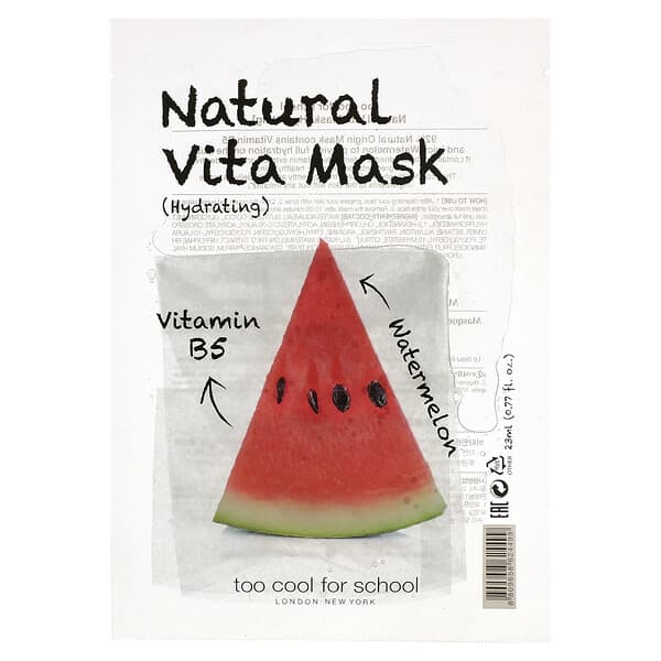 Too Cool for School, Mascarilla de belleza natural Vita (hidratante) con vitamina B5 y sandía, 1 lámina, 23 ml (0,77 oz. Líq.)