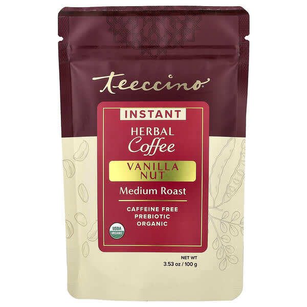 Teeccino, Instantní bylinná káva, vanilkový ořech, středně pražená, bez kofeinu, 100 g