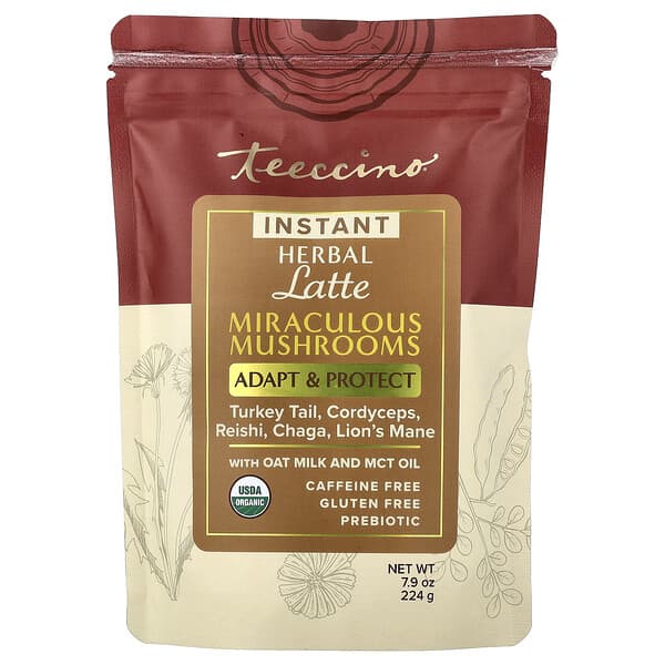 Teeccino, 인스턴트 허브 라떼, 미라클러스 버섯, 카페인 무함유, 224g(7.9oz)