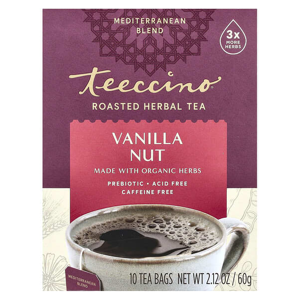 Teeccino Roasted Herbal Tea, Vanilla Nut, Caffeine Free, 10 Tea Bags, 2.12 oz (60 g)