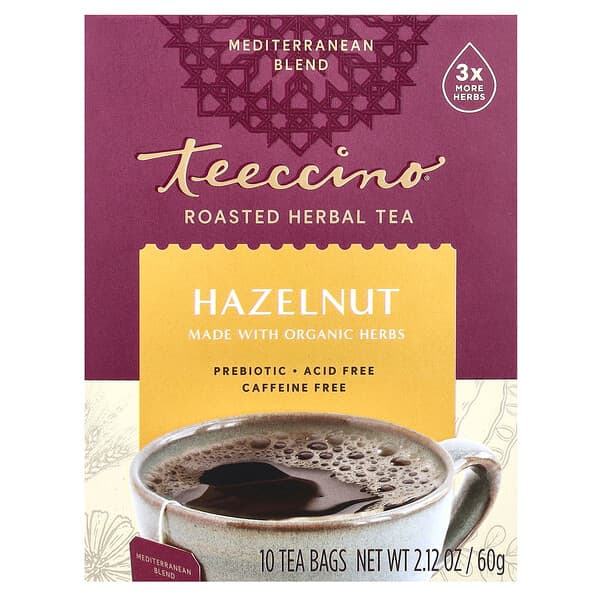 Teeccino Roasted Herbal Tea, Hazelnut, Caffeine Free, 10 Tea Bags, 2.12 oz (60 g)