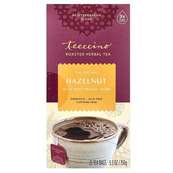 Teeccino Roasted Herbal Tea, Hazelnut, Caffeine Free, 25 Tea Bags, 5.3 oz (150 g)