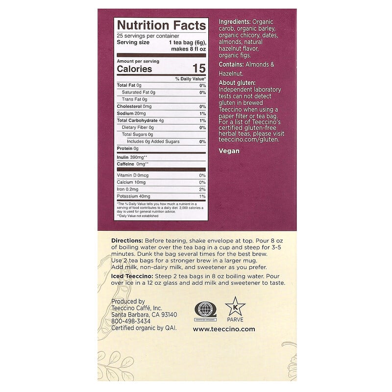 Roasted Herbal Tea, Hazelnut, Caffeine Free, 25 Tea Bags, 5.3 oz
