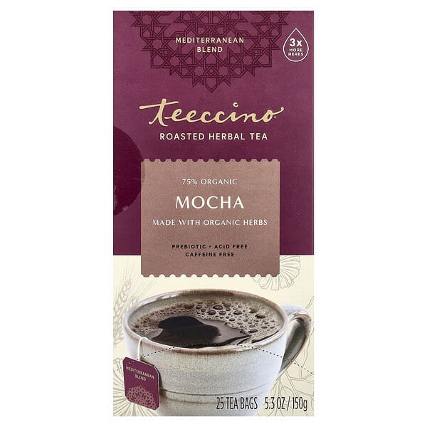Teeccino Roasted Herbal Tea, Mocha, Caffeine Free, 25 Tea Bags, 5.3 oz (150 g)