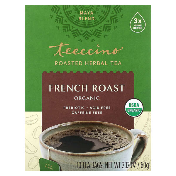 Teeccino Organic Roasted Herbal Tea, French Roast, Caffeine Free, 10 Tea Bags, 2.12 oz (60 g)