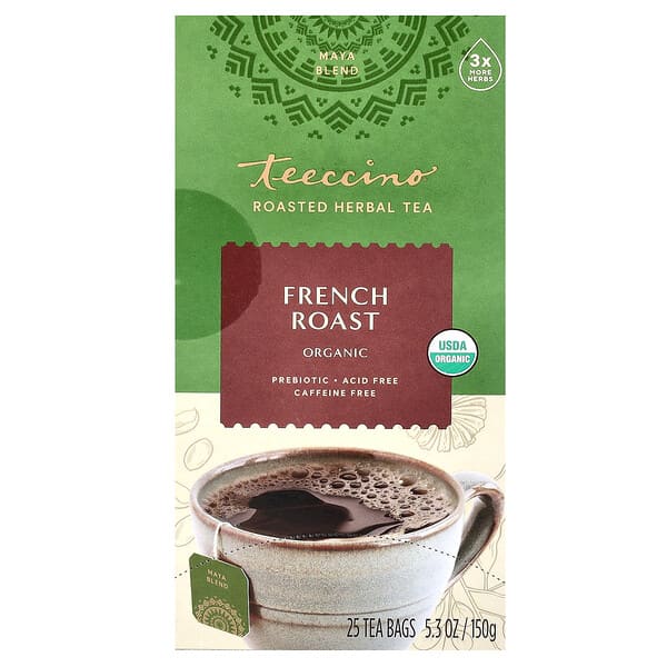 Teeccino Organic Roasted Herbal Tea, French Roast, Caffeine Free, 25 Tea Bags, 5.3 oz (150 g)