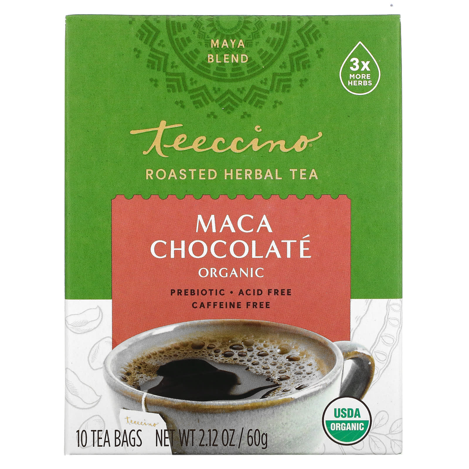 Teeccino, Organic Roasted Herbal Tea, Maca Chocolate, Caffeine Free, 10 Tea  Bags, 2.12 oz (60 g)