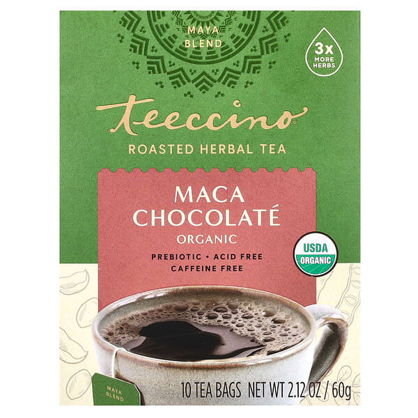 Teeccino Organic Roasted Herbal Tea, Maca Chocolate, Caffeine Free, 10 Tea Bags, 2.12 oz (60 g)