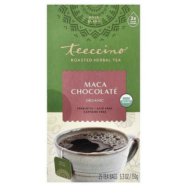 Teeccino Organic Roasted Herbal Tea, Maca Chocolate, Caffeine Free, 25 Tea Bags, 5.3 oz (150 g)