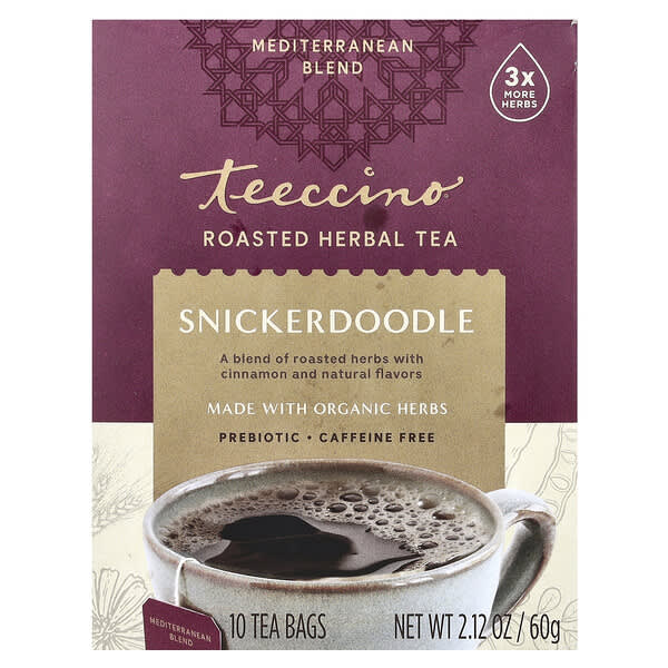 Teeccino Roasted Herbal Tea, Snickerdoodle, Caffeine Free, 10 Tea Bags, 2.12 oz (60 g)
