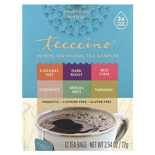 Teeccino, Muestra de té de hierbas con diente de león, 6 sabores, Sin cafeína, 12 bolsitas de té, 72 g (2,54 oz)