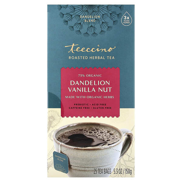Teeccino Roasted Herbal Tea, Dandelion Vanilla Nut, Caffeine Free, 25 Tea Bags, 5.3 oz (150 g)