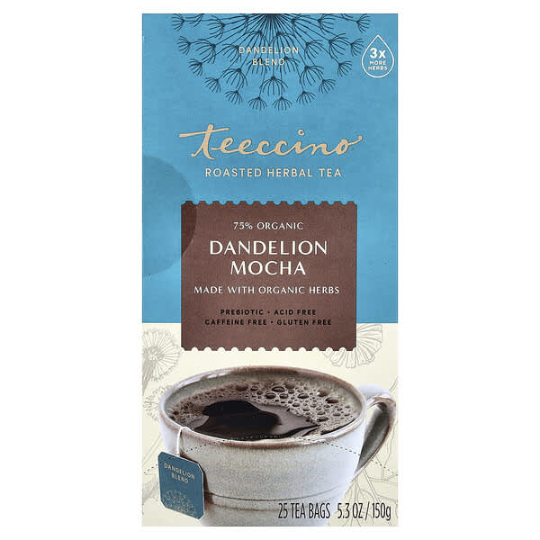Teeccino Roasted Herbal Tea, Dandelion Mocha, Caffeine Free, 25 Tea Bags, 5.3 oz (150 g)