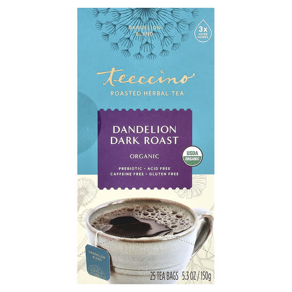 Teeccino, 有機烘焙草本茶，蒲公英深度烘焙，無因，25 包茶包，5.3 盎司（150 克）