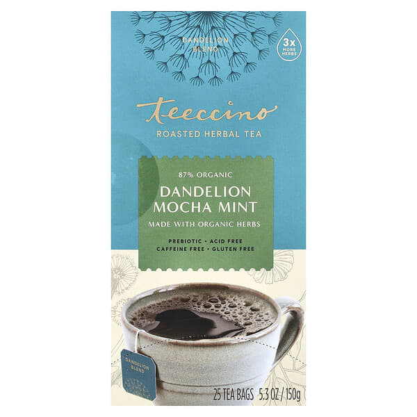 Teeccino Roasted Herbal Tea, Dandelion Mocha Mint, Caffeine Free, 25 Tea Bags, 5.3 oz (150 g)