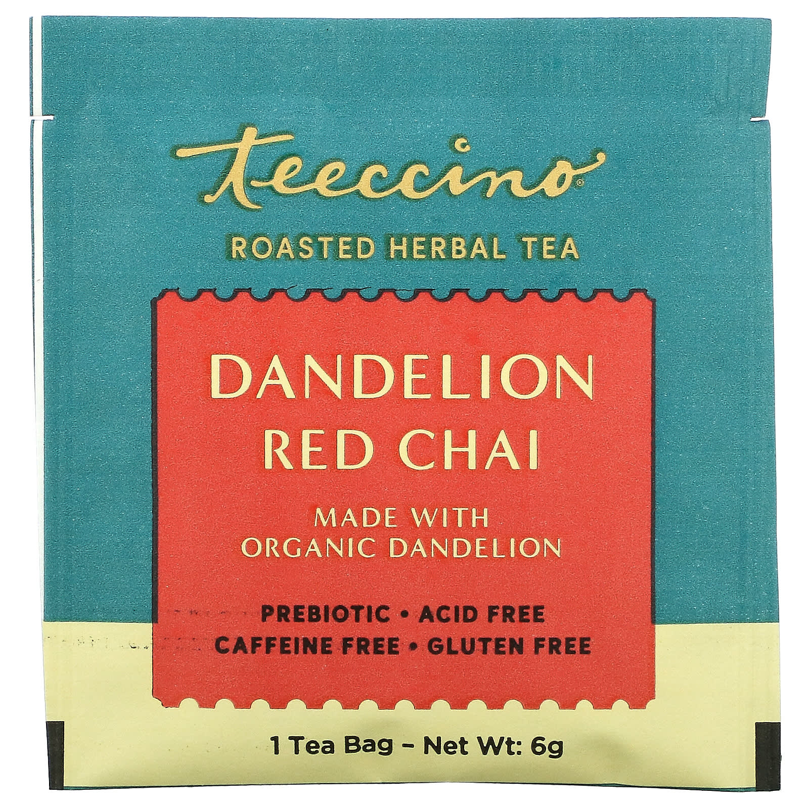 Teeccino, Roasted Herbal Tea, Dandelion Red Chai, Caffeine Free, 10 Tea