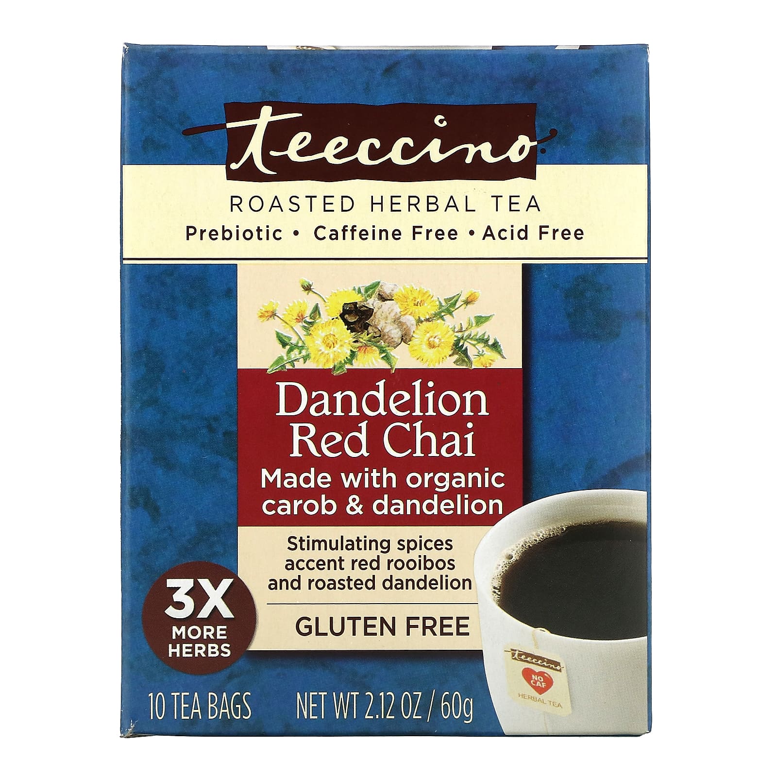 Teeccino, Roasted Herbal Tea, Dandelion Red Chai, Caffeine Free, 10 Tea