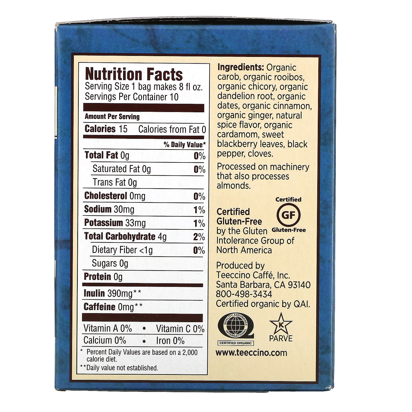 Teeccino, Roasted Herbal Tea, Dandelion Red Chai, Caffeine Free, 10 Tea